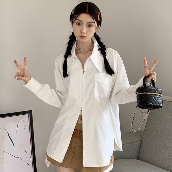 Áo sơ mi ZHELIHANGFEI tay dài dáng rộng phối khóa kéo hai chiều phong cách học đường thời trang dành cho nữ