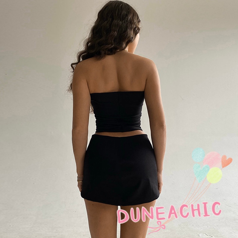 DUNEA Set đồ gồm áo màu trơn và chân váy lưng cao thời trang cho nữ