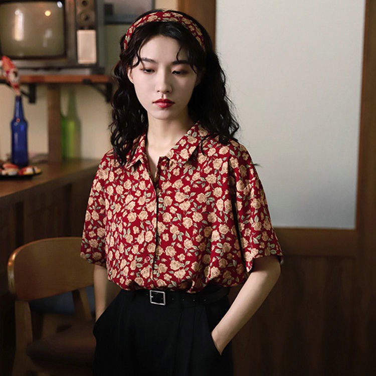 Áo Sơ Mi Tay Ngắn Dáng Rộng In Hoa Kiểu Vintage Hàn Quốc Dễ Thương Cho Nữ