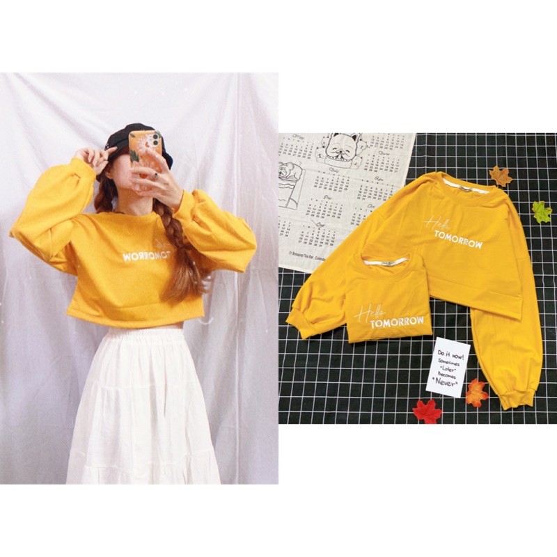 Áo croptop nữ cổ tròn tay phồng dài vải da cá (100% ảnh thật)