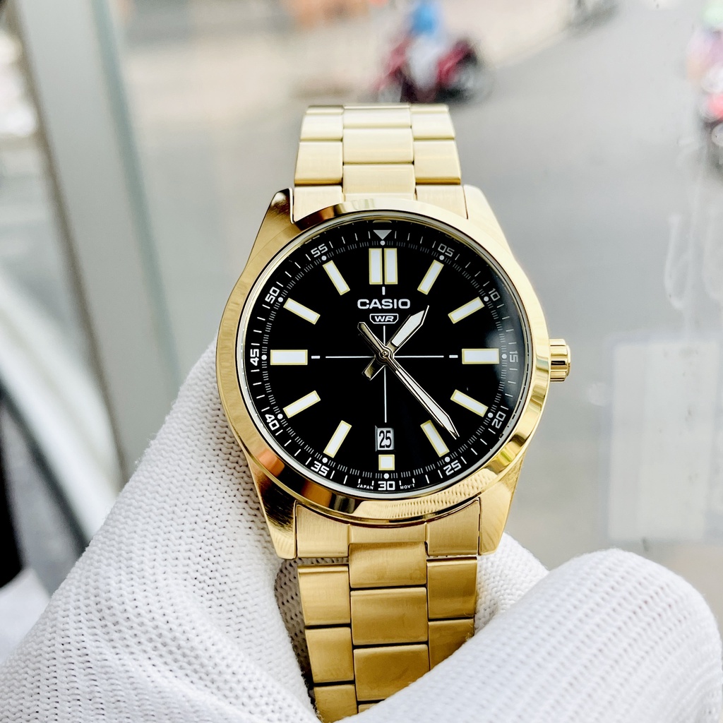Đồng hồ nam mạ vàng Casio MTP VD02G -1E Dây thép không gỉ mặt đen kim dạ quang Size 41mm Bảo hành 1 năm Hyma watch