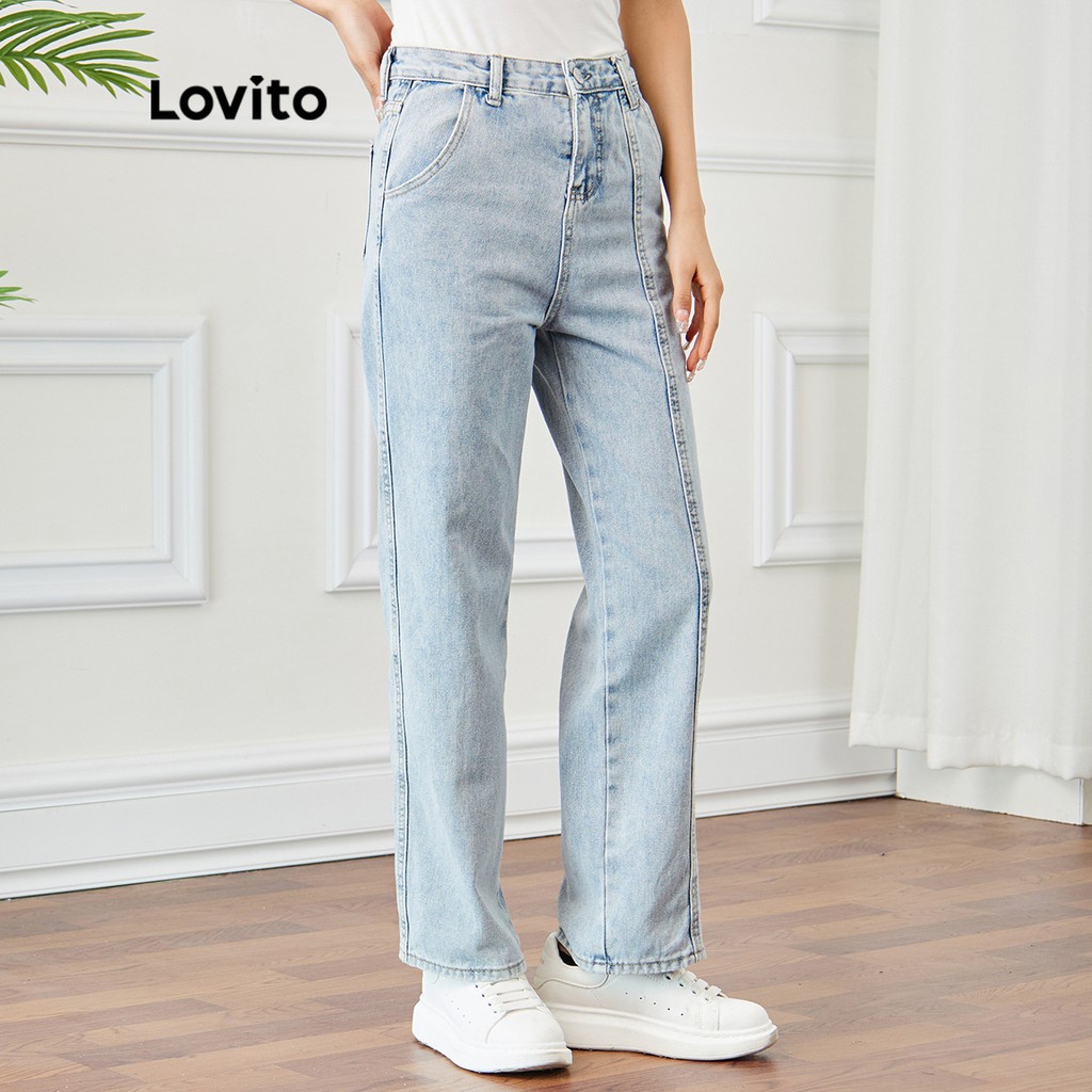 Quần jean Lovito hoạ tiết thêu màu trơn bạc màu mặc thường ngày L15X137 (màu xanh dương)