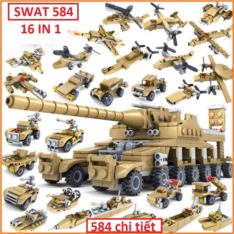 [584 CHI TIẾT] Bộ Lego lắp ráp xếp hình XE TĂNG CHIẾN ĐẤU TẦM XA, HỘP 16 TRONG 1