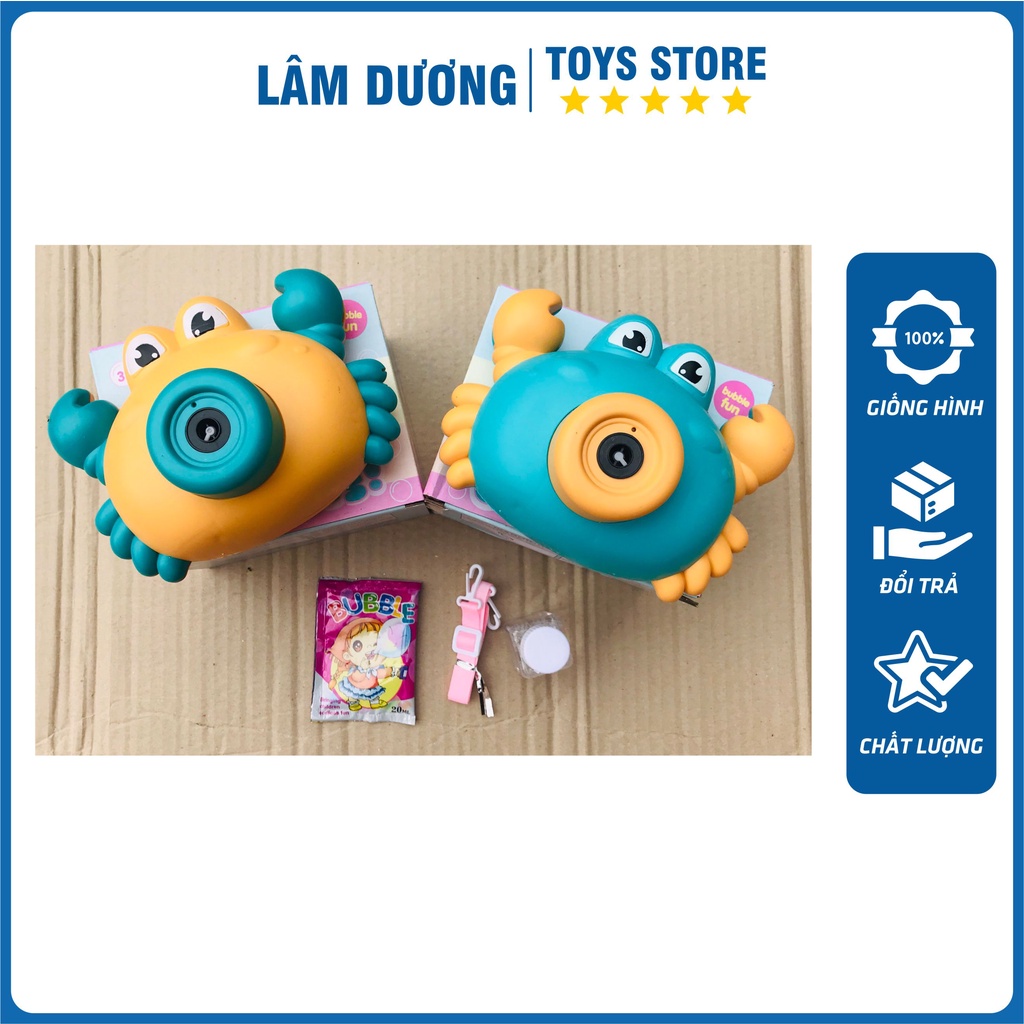 Máy ảnh thổi bong bóng tự động có đèn có nhạc hình con cua ngộ ngĩnh, có kèm xà phòng và dây đeo