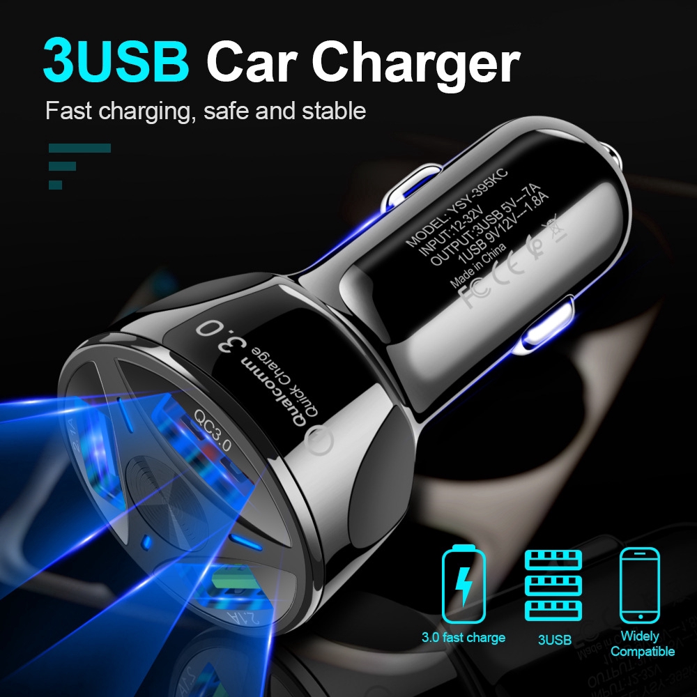 3 Port QC Quick Charge 3.0 USB Car Charger for Smartphone Total 7A Fast Car Charging Phone Charger