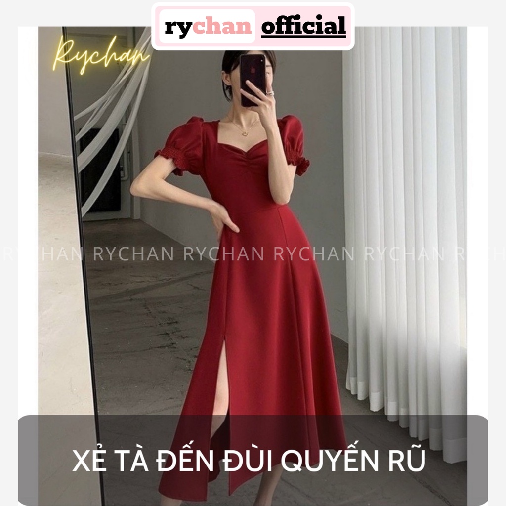 Đầm Dáng Xoè Midi Nhún Ngực Xẻ Tà, Đầm Đen Quyến Rũ Cúp Ngực - DX0103