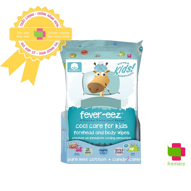 Khăn giấy lau mát Fever-eez Cool Care for Kids, Mỹ (32 miếng) giúp hạ sốt cho bé từ 3 tháng tuổi trở lên