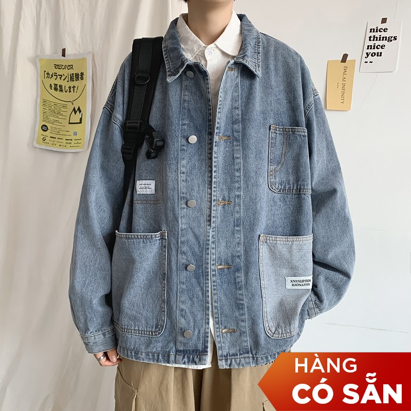 Áo khoác jean denim nam nữ unisex form rộng, áo khoát jacket nam nữ phối túi trước W93
