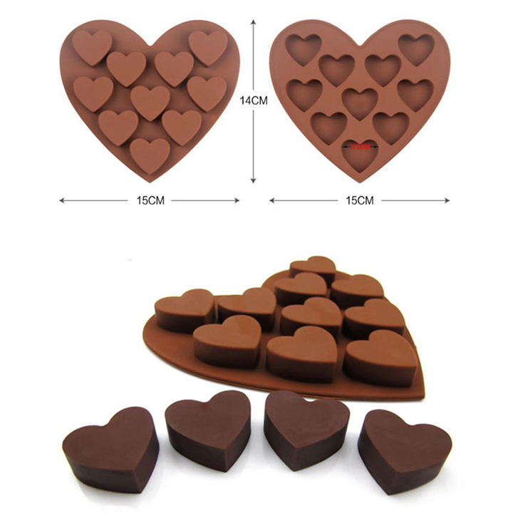 Khuôn Silicon Làm Socola,Thạch Rau Câu,Kẹo Dẻo,Pudding Trang Trí Hình 10 Trái Tim