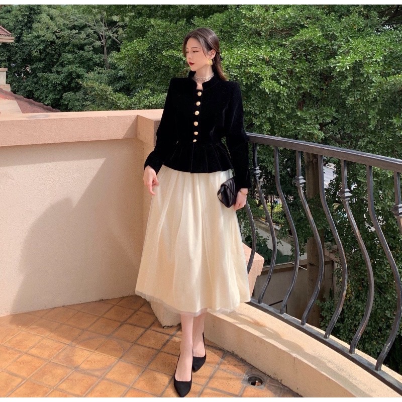 Áo nhung peplum hàng cúc tiểu thư siêu đẹp