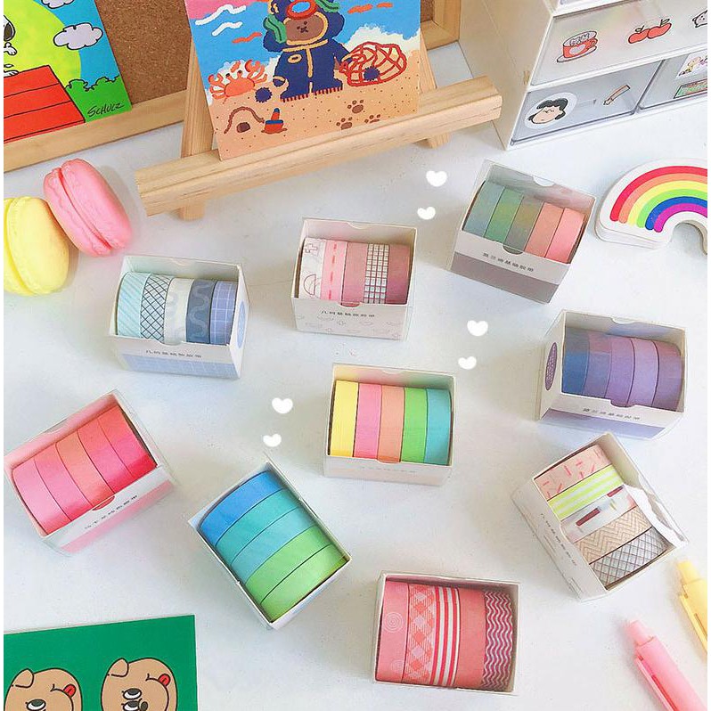 Set 5 cuộn băng dính washi màu macaron trơn trang trí thủ công 12 kiểu tùy chọn