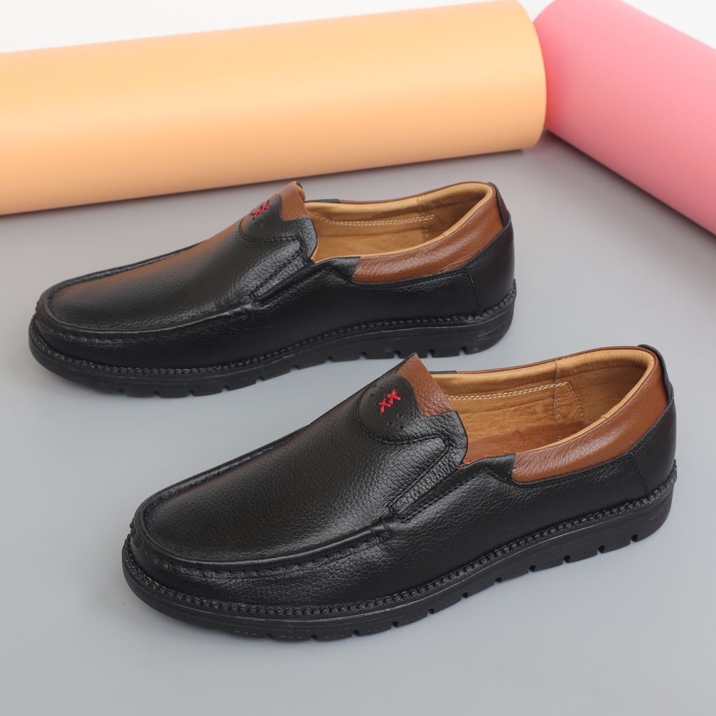 Giày lười nam da bò cao cấp, giày lười đế bằng da bò vân hạt - HT.NeO