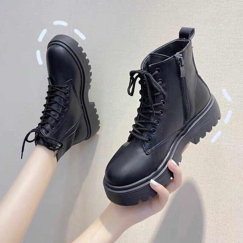 Giày bốt nữ cổ cao khoá cạnh chất da lì siêu hot- Bốt ulzzang cao cấp