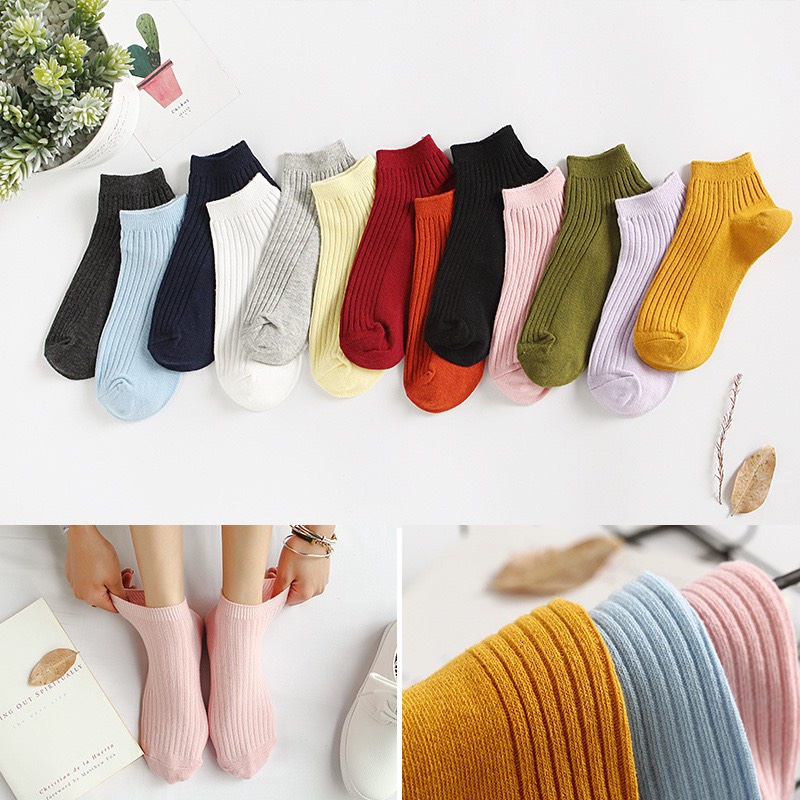 Tất cổ ngắn nam nữ vớ trơn gân ngắn 13 màu basic cotton kháng khuẩn thấm hút mô hôi tốt MONEY VN012