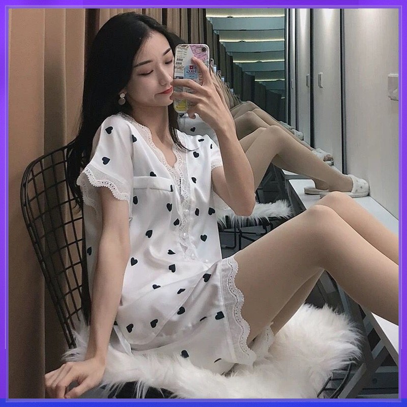 Đồ ngủ bộ pijama chất liệu lụa cao cấp họa tiết trái tim thời trang