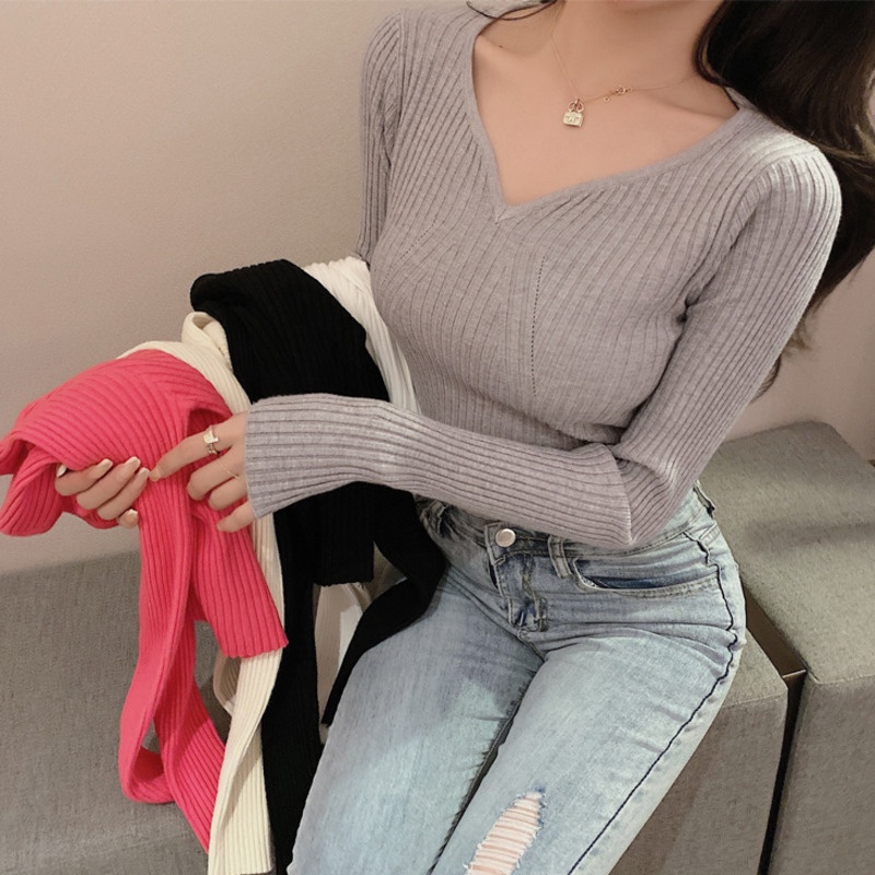 Áo dệt kim tay dài cổ chữ V thời trang xinh xắn nhiều màu tùy chọn cho nữ