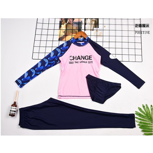 (Có sẵn) Đồ bơi Bikini áo dài tay quần dài thân Hồng phối tay họa tiết phong cách Hàn Quốc