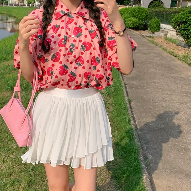 Áo Sơ Mi Nữ Tay Ngắn Dáng Rộng In Hình Quả Dâu Phong Cách Hàn Quốc