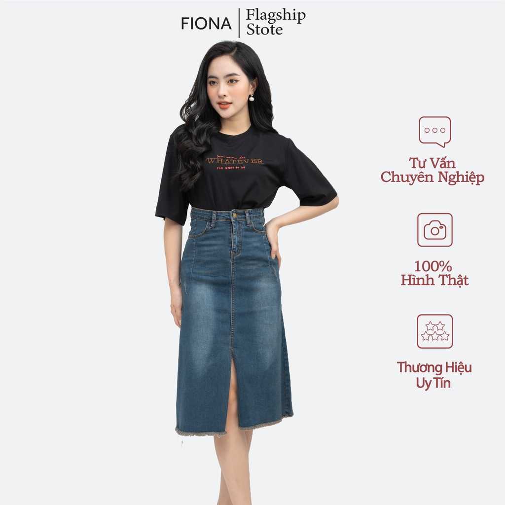 Chân váy bò nữ dáng A, chân váy Jeans dáng dài xẻ trước, túi ốp thân sau FIONA B242007
