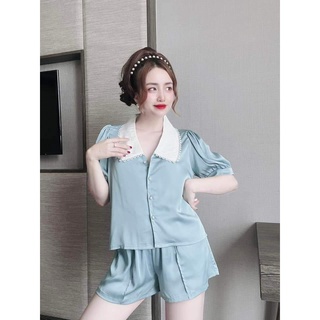 Đồ Bộ Mặc Nhà Lụa LaTin Cao Cấp Mùa Hè, Lụa Pyjama Cổ Sen Ngắn
