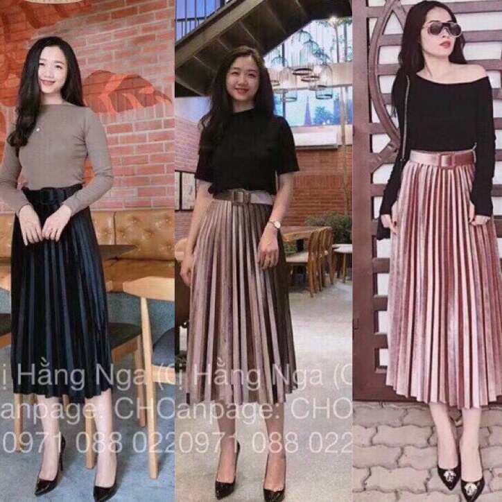 Chân váy xếp ly nhung kèm đai - Hàng quảng Châu