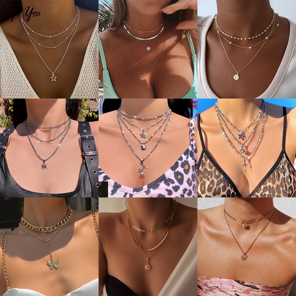 Vòng cổ nhiều lớp AY phối ngọc trai giả và mặt phụ kiện xinh xắn cho nữ