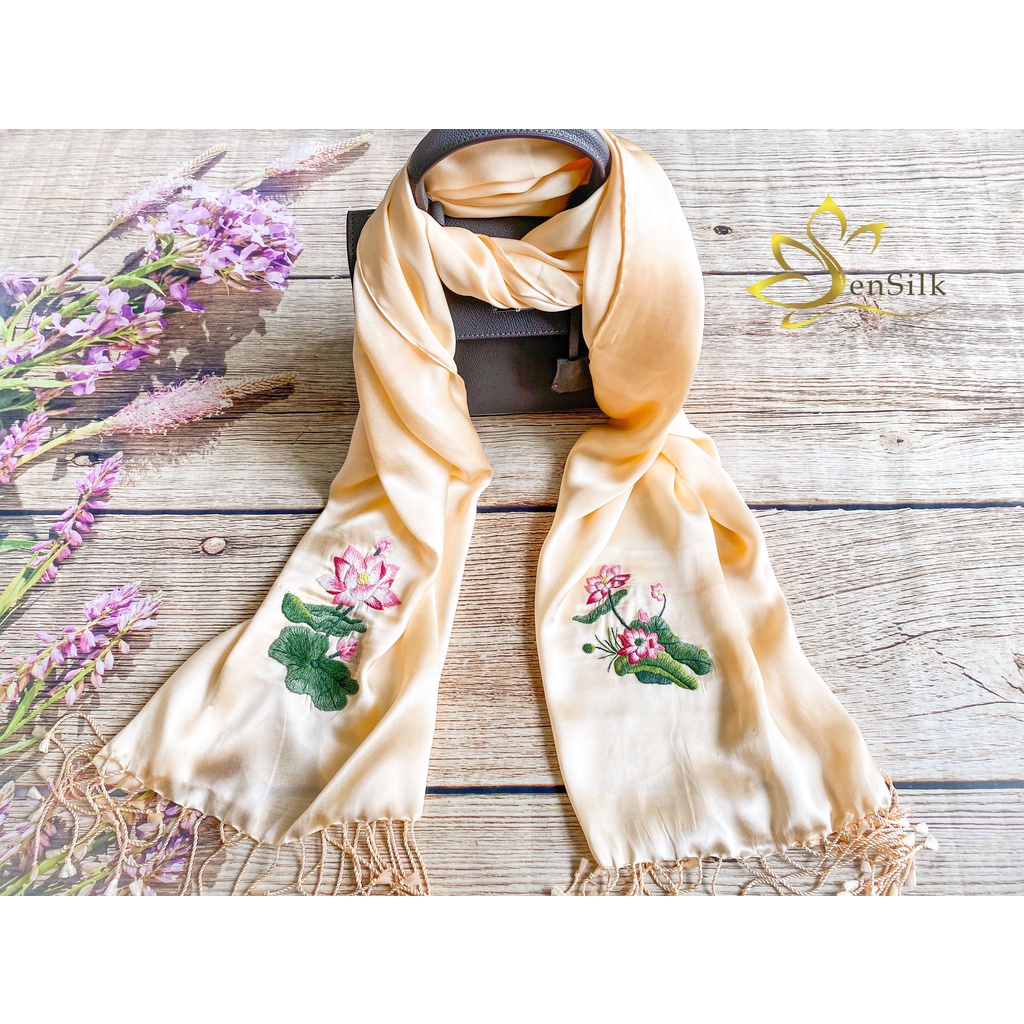 Khăn Choàng Cổ Lụa SenSilk Thêu Hoa Sen