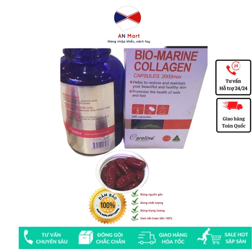 Viên Uống Hỗ Trợ Làm Đẹp Da Bổ Sung Collagen Careline Bio Marine Collagen 2000mg - 100 viên Nhập KHẩu Úc AN Mart