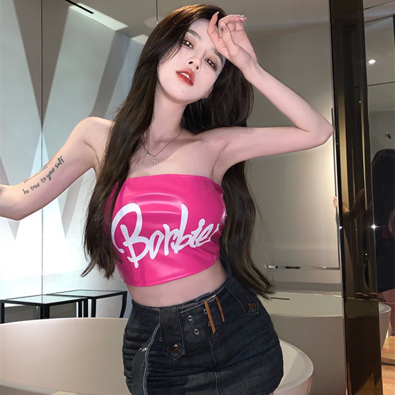 Áo Ống Chất Liệu Da pu In Chữ Cá Tính Thời Trang Cho Nữ