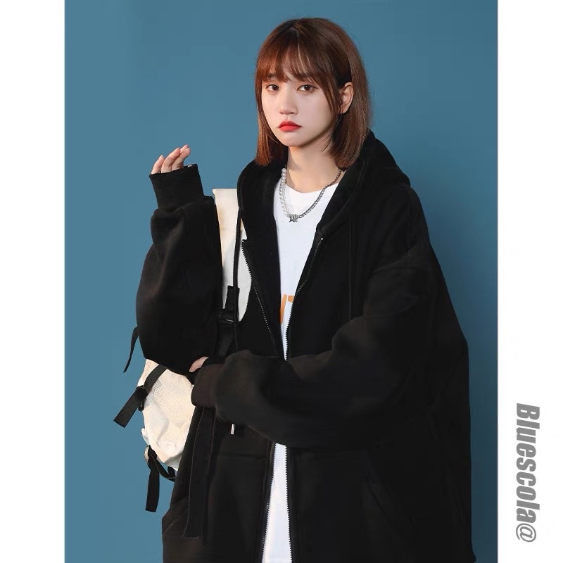 Áo khoác hoodie dây kéo tay phồng chất nỉ ngoại cotton vừa vặn, nón to