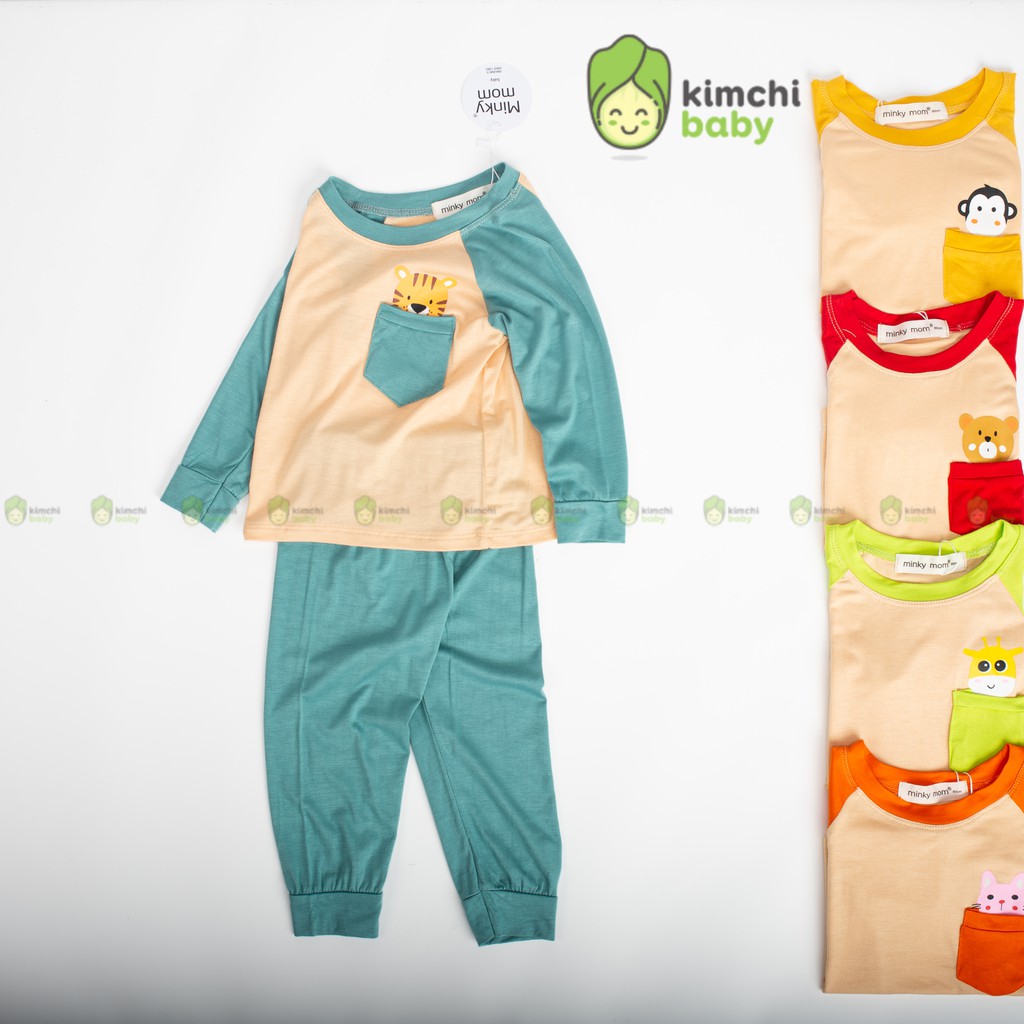 Đồ Bộ Bé Trai, Bé Gái Minky Mom Vải Thun Lạnh Túi Ngực In Động Vật, Bộ Dài Tay Cho Bé Mặc Thu Đông MKMTD2163