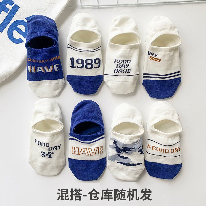 Vớ Thuyền Cổ Thấp Vô Hình Màu Xanh Dương In Chữ Tiếng Anh Cá Tính Cho Nam