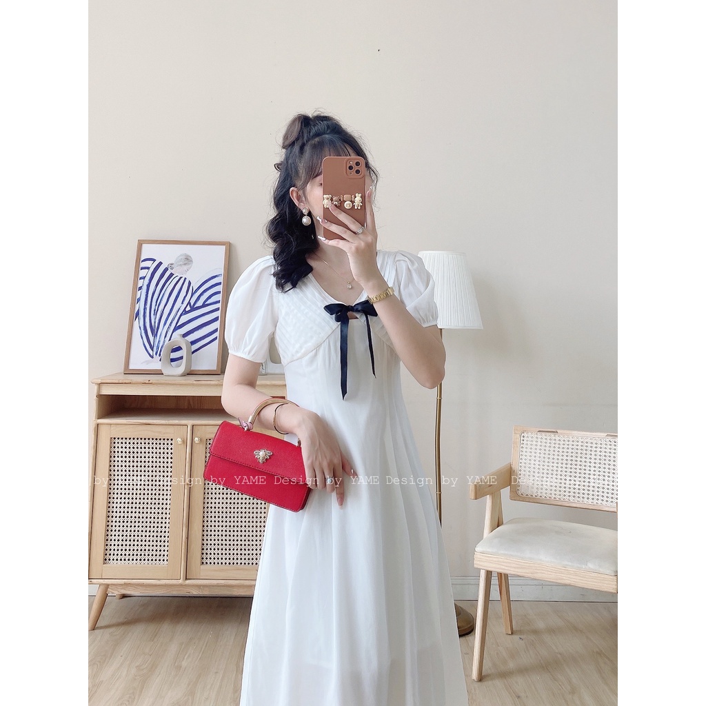 Váy trắng tiểu thư đi tiệc phối cổ nơ sang choảnh trắng li ngực đính nơ yv05 YAME