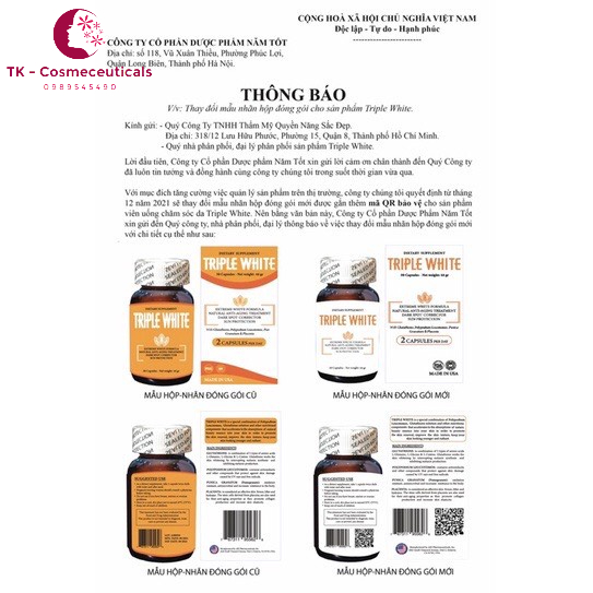 TRIPLE WHITE Viên Uống Trắng Da Glutathione 1200mg, Chống Nắng, Giảm Thâm Nám, Chống Lão Hoá - 50 Viên