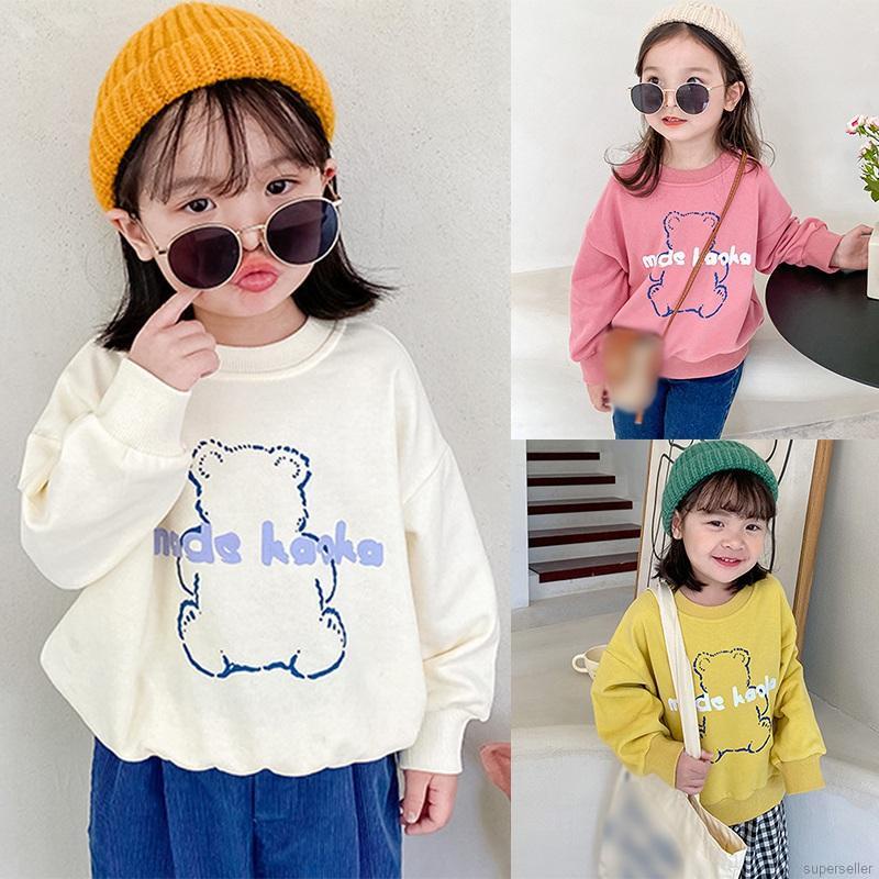 Áo sweater tay dài cổ tròn họa tiết gấu hoạt hình xinh xắn phong cách Hàn Quốc dành cho trẻ em