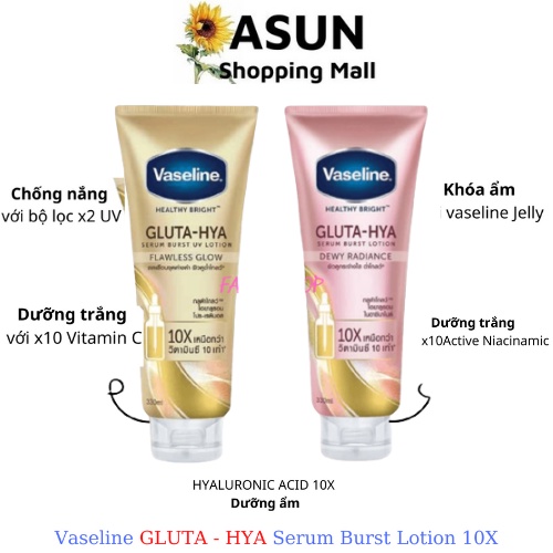 Sữa Dưỡng Thể Vaseline Trắng Da, Mờ Thâm Healthy Bright Gluta Hya Serum 10X Thái Lan 330 ml (Ngày Và Đêm)