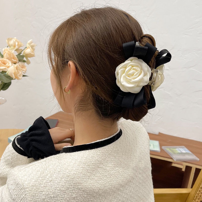 Kẹp Tóc Nơ Vải Hoa Trà Trắng Vintage Hàn Quốc Thanh Lịch Cho Nữ
