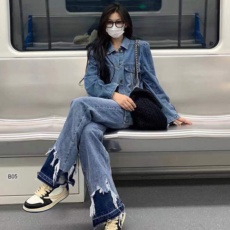 Personalized Street hot girl design style pants contrast color stitching denim straight wide leg loose trousers mop pants trendy uA4P