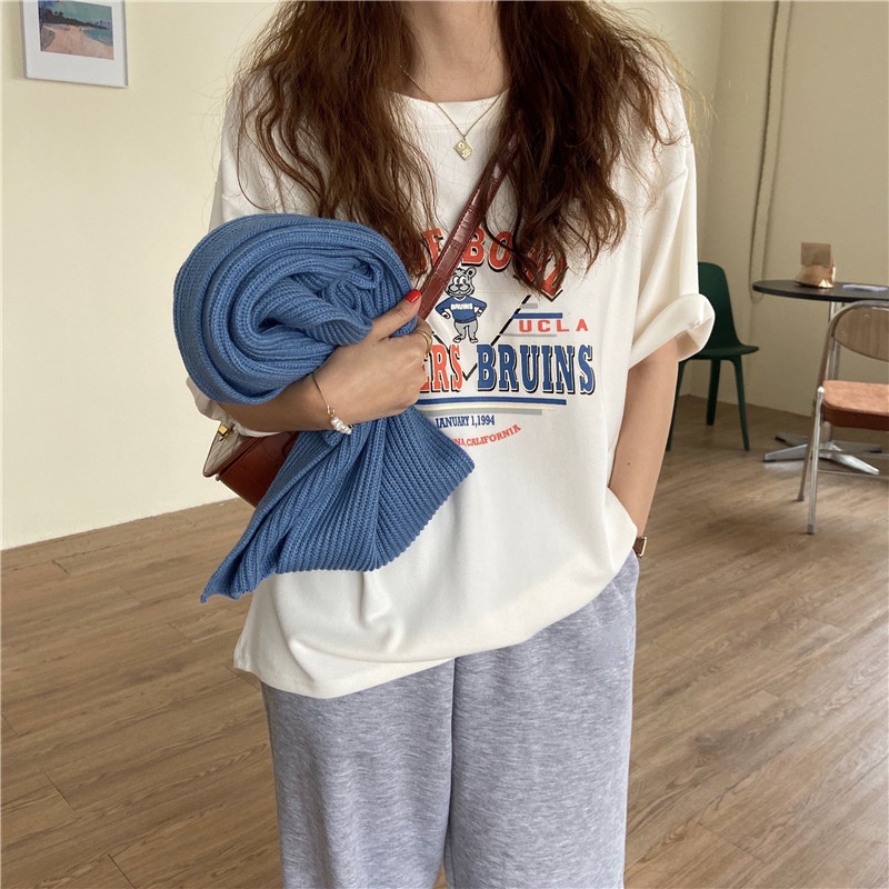 Áo thun nữ tay ngắn cổ tròn in chữ thời trang mùa hè phong cách Hàn Quốc