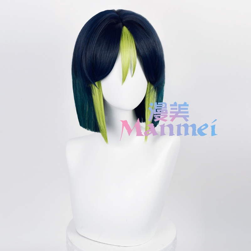 Manmei Genshin Impact Tighnari Cosplay Wig 30cm Dark Blue Green Gradient Wig Heat Resistant Synthetic Wigs