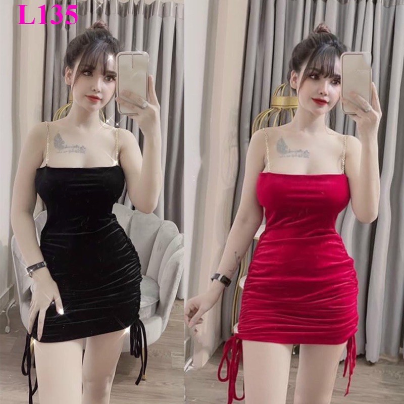 đầm nhung 2 dây xích dây rút | BigBuy360 - bigbuy360.vn