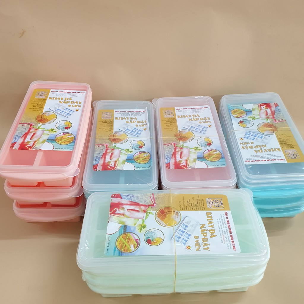 Khay làm đá có nắp chính hãng Việt Nhật, vỉ làm đá loại 8 viên có nắp đạy, chất liệu nhựa dẻo cao cấp