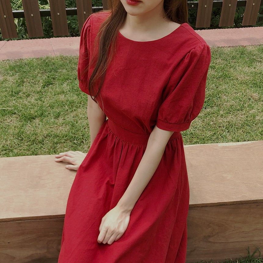 Đầm Midi Tay Ngắn Cổ Tròn Màu Đỏ 34700