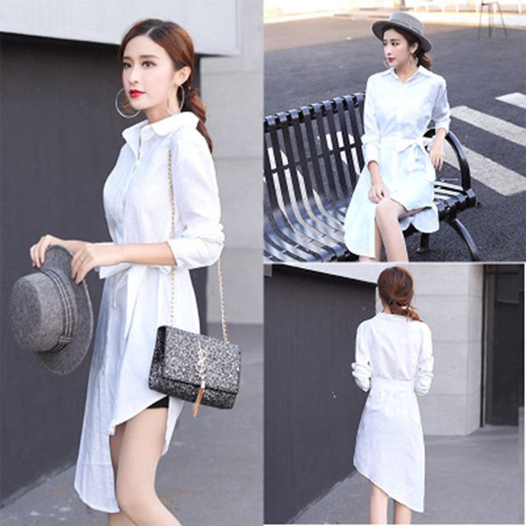 Váy sơ mi nữ dáng suông, đầm sơ mi nữ dài tay phong cách Hàn Quốc A20
