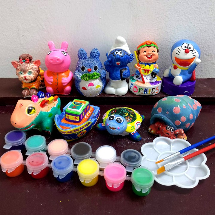 Bộ Tô Tượng Thạch Cao 10 Hình Tặng Kèm Khay Màu Và Bút Vẽ - Đồ chơi thông minh cho bé