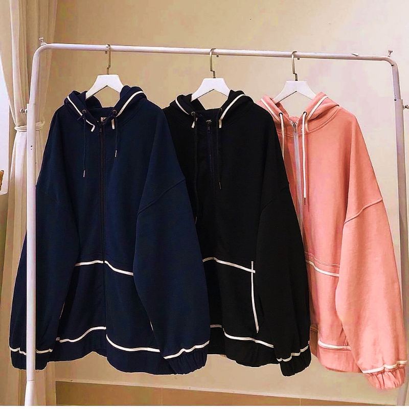Áo Khoác Hoodie Zipper Kẻ Viền Túi Nữ Rere.Store [FREESHIP] Áo nỉ bông dài tay form rộng dáng suông, thiết kế chạy viền