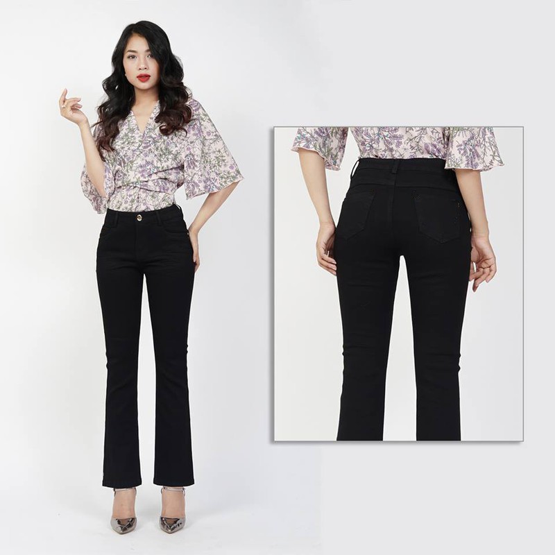 Quần jean loe đen trơn vải mềm co giãn