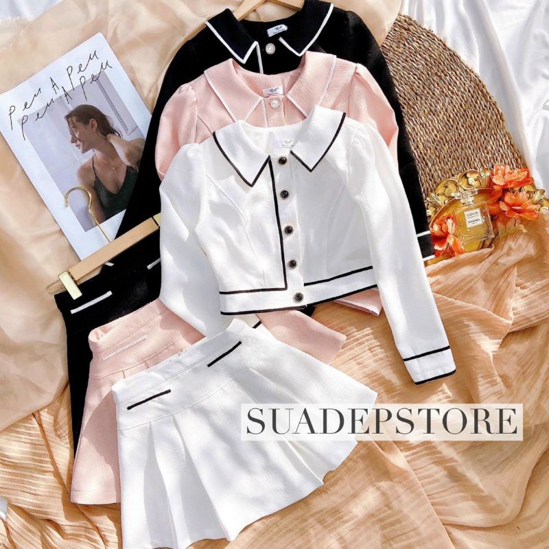 Set bố dạ áo cổ sen tay dài viền + chân váy xếp li