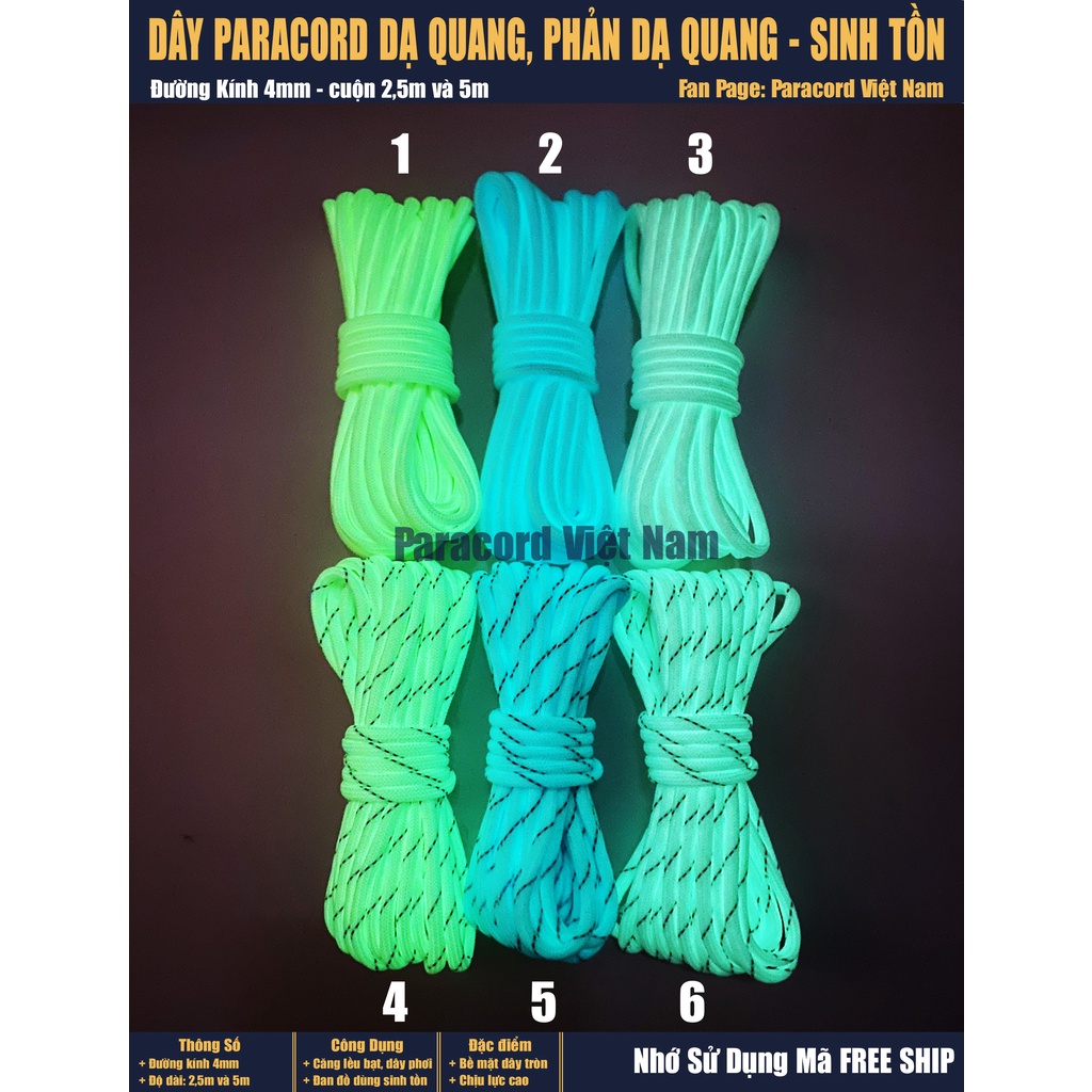 Dây dù paracord dạ quang, phản dạ quang kết hợp sinh tồn