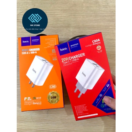 Củ sạc nhanh Hoco C80 20w (QC 3.0, PD) 2 cổng sạc cho typeC và USB (chính hãng,BH 6T)